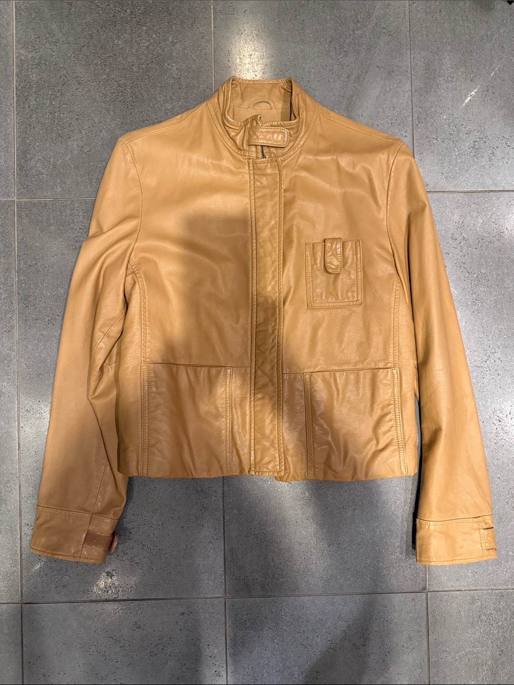 Vintage 90s Armani Exchange AX Tan Leather Jacket Women’s Minimalist Moto